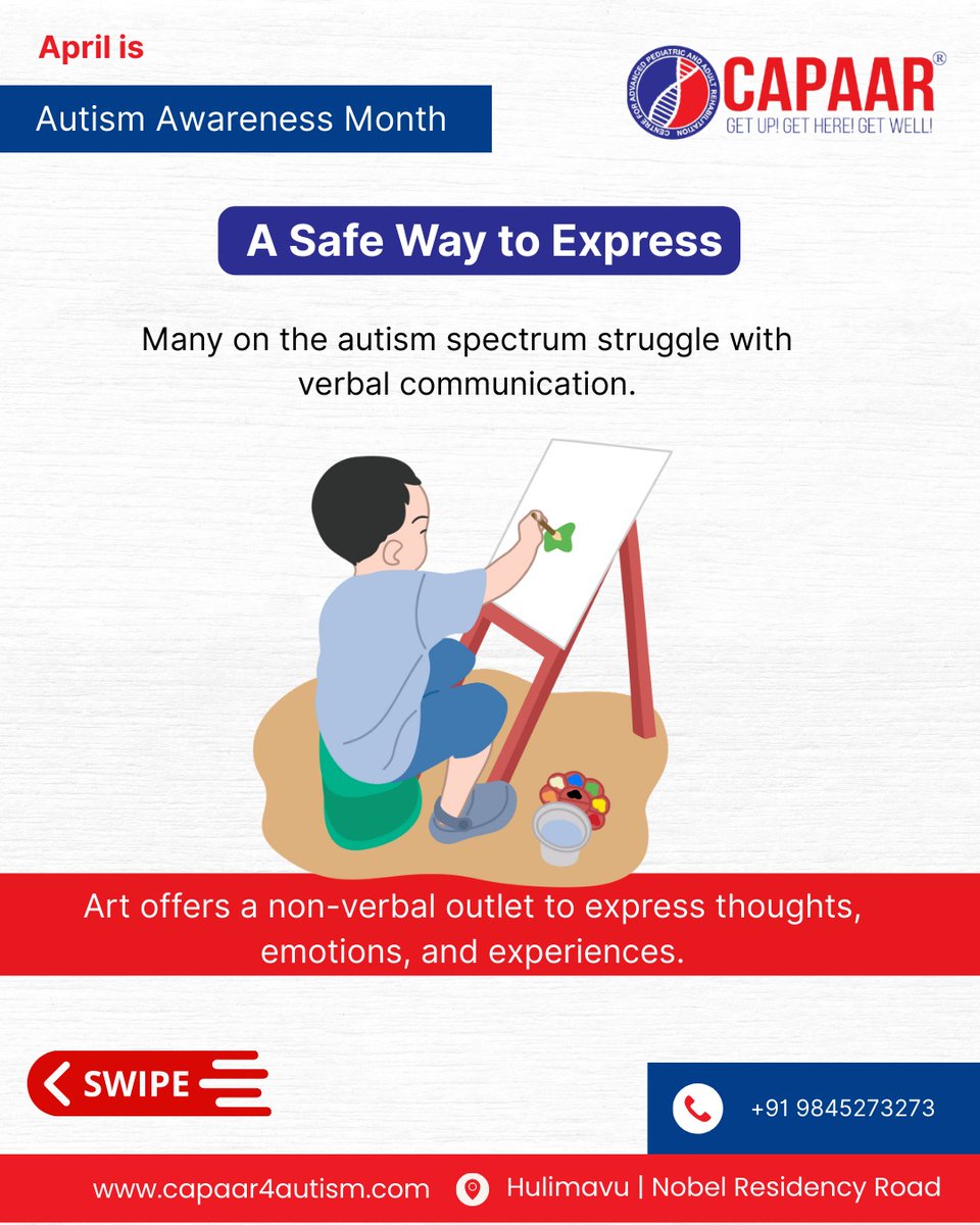 Capaar4Autism's tweet image. 🎨 April is Autism Awareness Month 💙
At CAPAAR, we believe that art and creativity are more than just hobbies 

📍 Hulimavu | Nobel Residency Road
📞 +91 9845273273
🌐 capaar4autism.com

#AutismAwarenessMonth #CAPAAR #ArtForAutism #Neurodiversity #AutismSupport