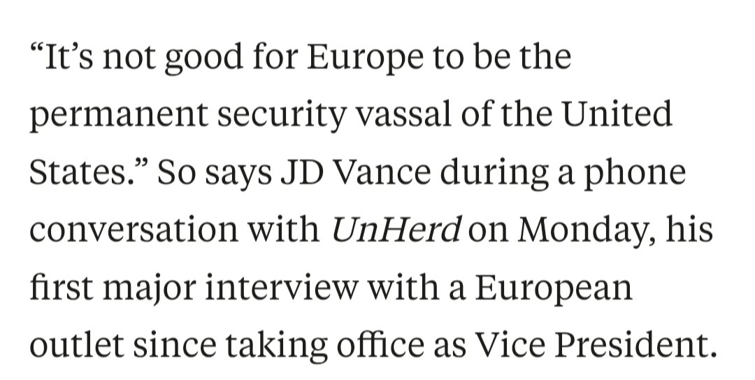 Αντιπρόεδρος Βανς: Οι ΗΠΑ δε θέλουν εξαρτώμενη από αυτούς την Ευρώπη για την ασφάλειά της.