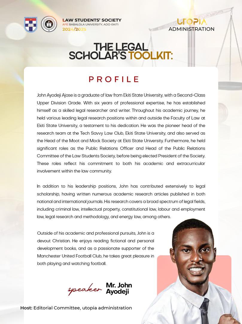 For the maiden edition of the editorial committee workshop, we have two astonishing legal luminaries to take us through their legal scholar toolkit.
From the law to the intricacies of legal writing and research <a href="/LSSABUAD/">Law Students’ Society, ABUAD</a> ensure to be there.
LSS EDITORIAL COMMITTEE 2024/2025