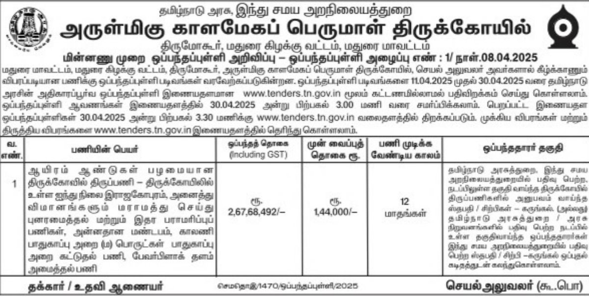 Sri Kalamega Perumal Temple - Tirumohur - near Madurai  - one of the 108 Srivaishnava Divyadesams - An ancient temple of great heritage. 

As usual - an Executive Officer of the <a href="/tnhrcedept/">TN HRCE</a>  - a Department known for large scale frauds - is functioning in this temple without any
