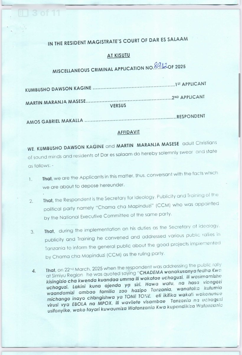 IAMartin_'s tweet photo. Martin Maranja Masese na @KumbushoDawson tumefungua Miscellaneous Criminal Application No. 8902 of 2025 dhidi ya Katibu wa Itikadi, Uenezi na Mafunzo CCM, #AmosMakalla kwa kauli zake dhidi ya CHADEMA alizotoa 22/03/2025. Kesi imepangwa kuanza 12/05/2025 mbele ya Jaji R.M, Kisutu. https://t.co/RzhHmjaaIE