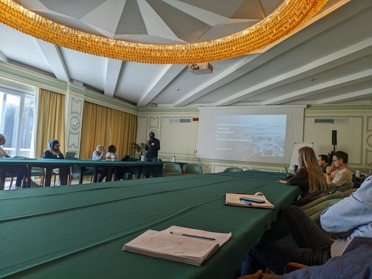 Our Executive Director, Ernest Mwebaze, is currently presenting at #DALISorrento2025, a key meeting of European AI researchers, on "LLMs for Social Impact".    A crucial point from his presentation: "At health centres in Uganda for example, people speak many languages - how can