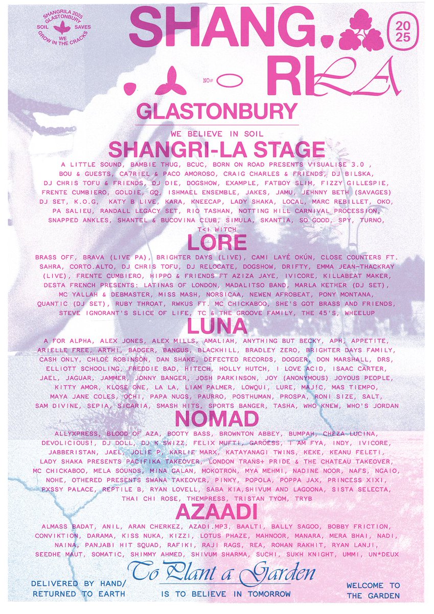 Shangri-La presents : The Wilding

A new dawn calls in 2025… A rediscovery awaits…. What you water shall grow… ☀️🌧️🌱✨🌻

The legendary SE corner area’s line up poster was designed, hand made, and hand delivered in Somerset. 🎨

For the latest Shangri-La news, stories,