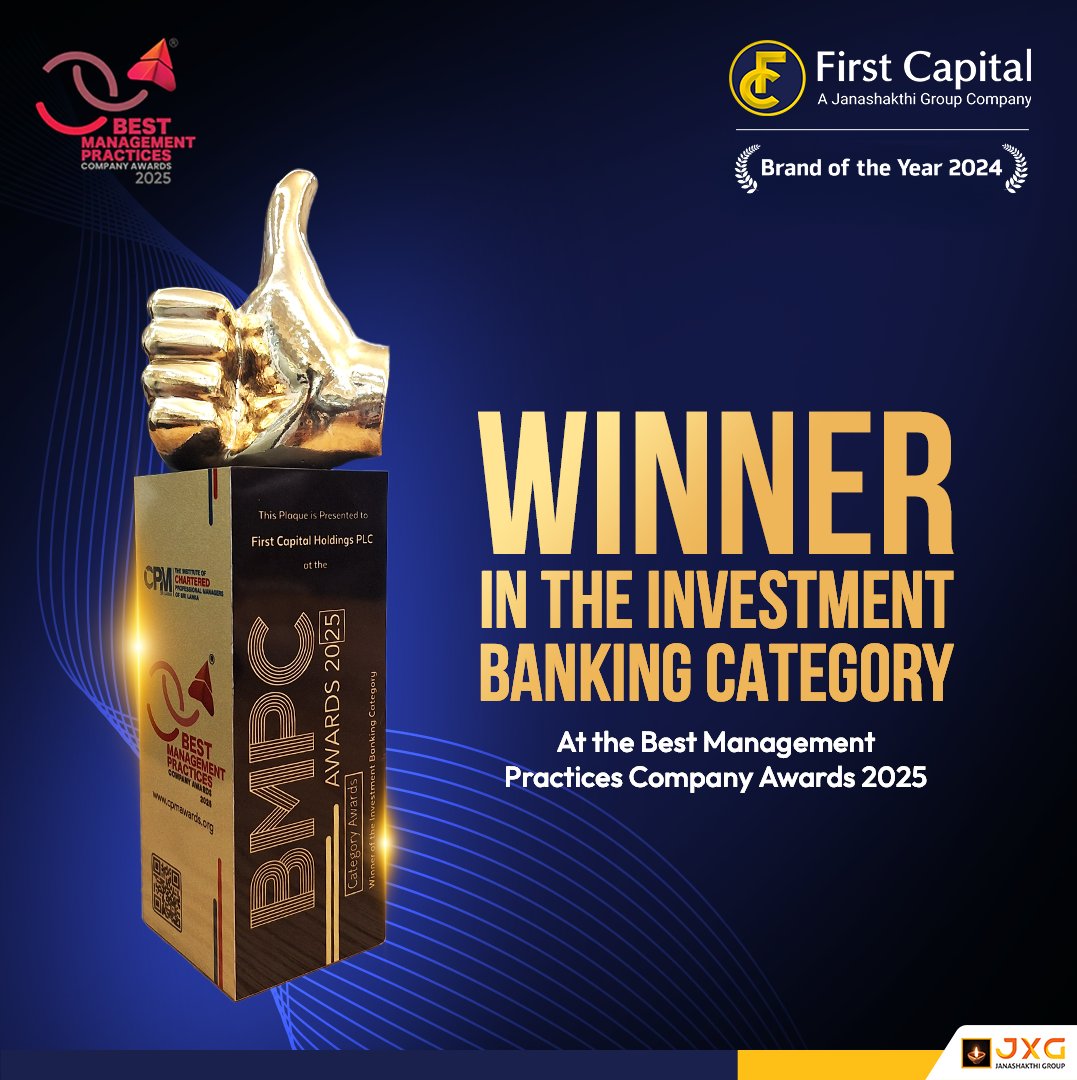 FirstCapitalLK's tweet image. Our recognition at the Best Management Practices Company Awards 2025 reflects our commitment to excellence in investment banking, as we remain dedicated to setting new benchmarks in the industry.

#FirstCapital #PerformanceFirst #BMPCAwards2025 #Leadership #Invest #InvestmentBank