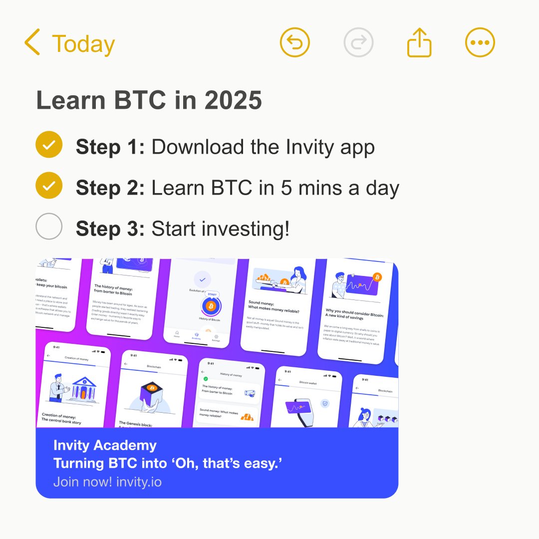 It’s 2025. Still don’t get Bitcoin?

With Invity Academy, you’ll learn the basics in just 5 minutes a day. It's never too late to start learning.

👉 Start with Invity Academy today. Download the Invity App now. 

#YourFriendInCrypto #Bitcoin
