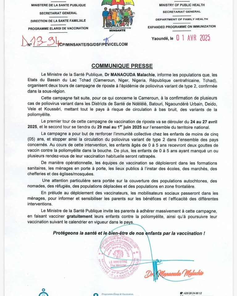 ATheodoreTonye's tweet photo. 🇨🇲 𝗟𝗲 𝗠𝗶𝗻𝗶𝘀𝘁𝗲̀𝗿𝗲 𝗱𝗲 𝗹𝗮 𝗦𝗮𝗻𝘁𝗲́ 𝗣𝘂𝗯𝗹𝗶𝗾𝘂𝗲 𝗱𝘂 𝗖𝗮𝗺𝗲𝗿𝗼𝘂𝗻 organise 2 tours de campagne de riposte contre la #Polio

📆 Le premier tour va se dérouler du 24 au 27 avril 2025

🎯 Le #vaccin cible les enfants de 0 à 5 ans.

#PolioGameOver25 https://t.co/WUY9s9HXPJ