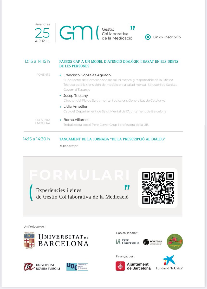 El proper 25 d’abril a l’Aula Magna del Campus Raval de la <a href="/UniBarcelona/">Universitat de Barcelona</a> : Jornada Experiències i eines de Gestió Col•laborativa de la Medicació . 
T’hi esperem ! Us podeu inscriure al QR de les imatges adjuntes !