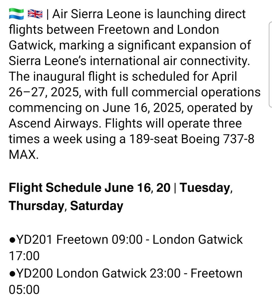 FlightModeblog's tweet image. 🇸🇱 🇬🇧 | Air Sierra Leone is launching direct flights between #Freetown and #London Gatwick, marking a significant expansion of #SierraLeone’s international air connectivity.

📷 ©️Ascend Airways

#Africa #uk #AirSierraLeone #aviation #avgeek #avgeeks #travel #traveler