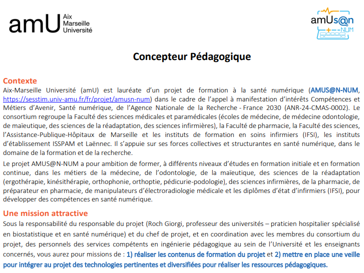 [#Emploi] Notre équipe QuanTIM recrute un concepteur pédagogique H/F pour le projet AMUS@N-NUM !  ⤵️

📑 Contrat : CDD 12 mois reconductible
📍 Localisation : Faculté des Sciences Médicales et Paramédicales de la Timone, à Marseille

💻 sesstim.univ-amu.fr/fr/offre-d-emp…