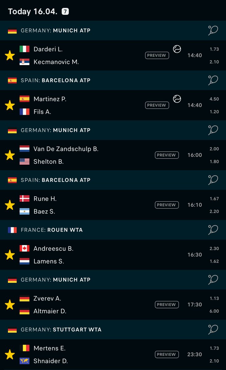 amanstarted's tweet image. Tennis Bets for 16th April 2025

ATP Munich 🇩🇪
(2U) Kexmanovic M. to Win @ 2.10 odds 
(2U) Shelton B. to Win @ 1.80 odds 
(2U) Altmaier D. Game Handicap +4.5 @ 2.05 odds 

ATP Barcelona 🇪🇸
(2U) Martinez P. vs Fils A. - Total Over 20.5 Games @ 1.70 odds 
(2U) Rune H. to Win @ 1.67…
