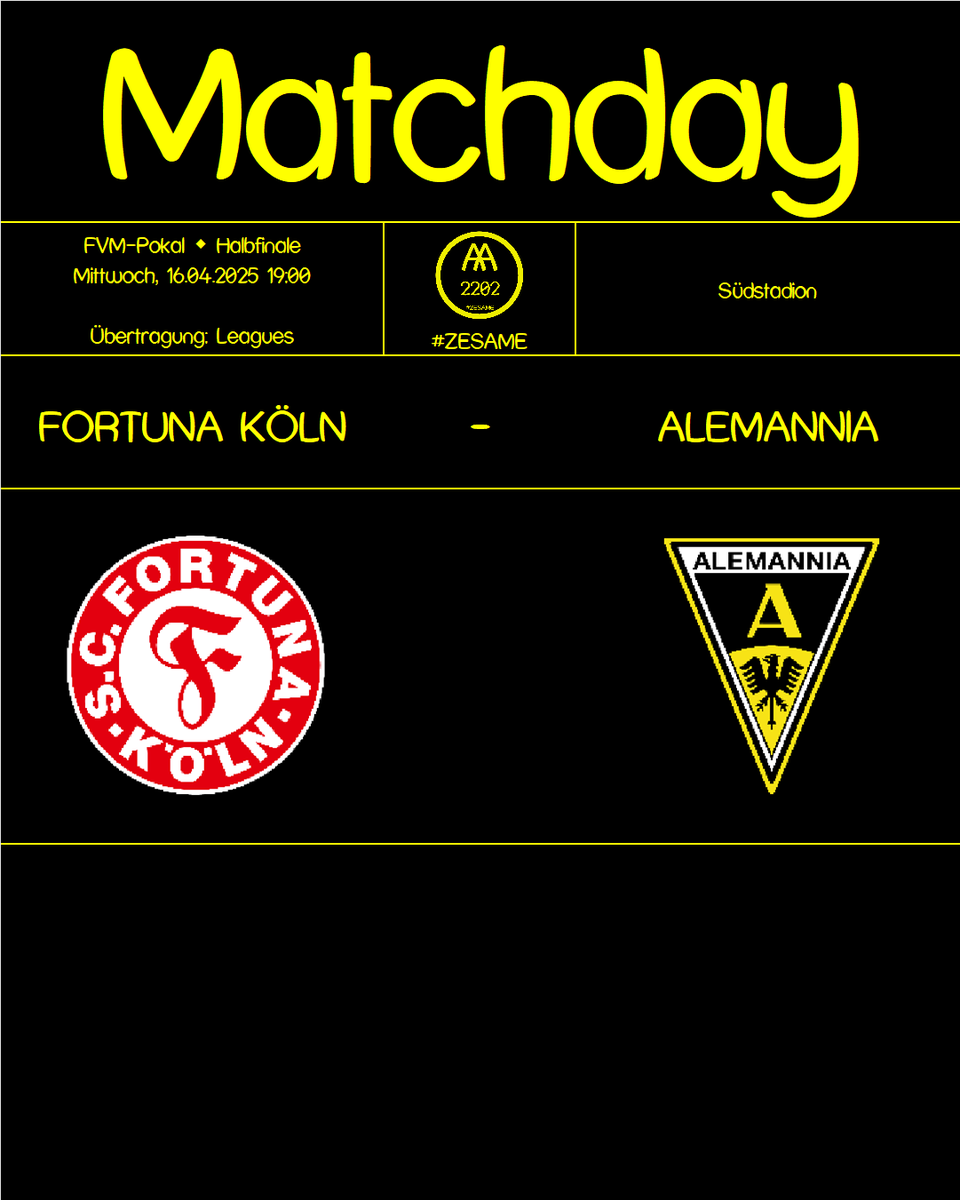 Alaix2202's tweet image. ZUSAMMEN MIT VOLLGAS INS FINALE🖤💛💪🏻

📅16.04.2025 19:00
⚽FVM-Pokal Halbfinale
🆚Fortuna Köln
🏟️Südstadion
📺Leagues

#FORAAC #alemanniaaachen #zesame #fvmpokal