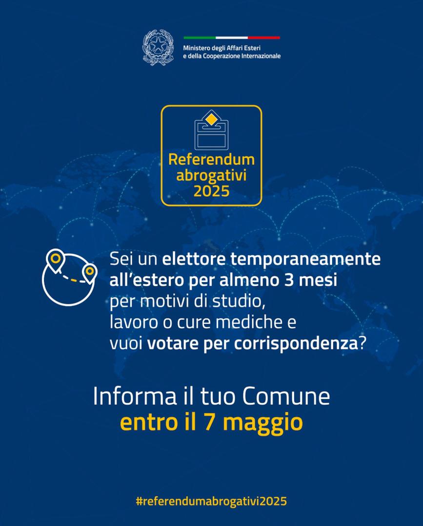 Sei un elettore temporaneamente all’estero per almeno 3 mesi per motivi di studio, lavoro o cure mediche e vuoi votare per corrispondenza?

Contatta il tuo Comune entro il 7 maggio 👇

esteri.it/it/sala_stampa…