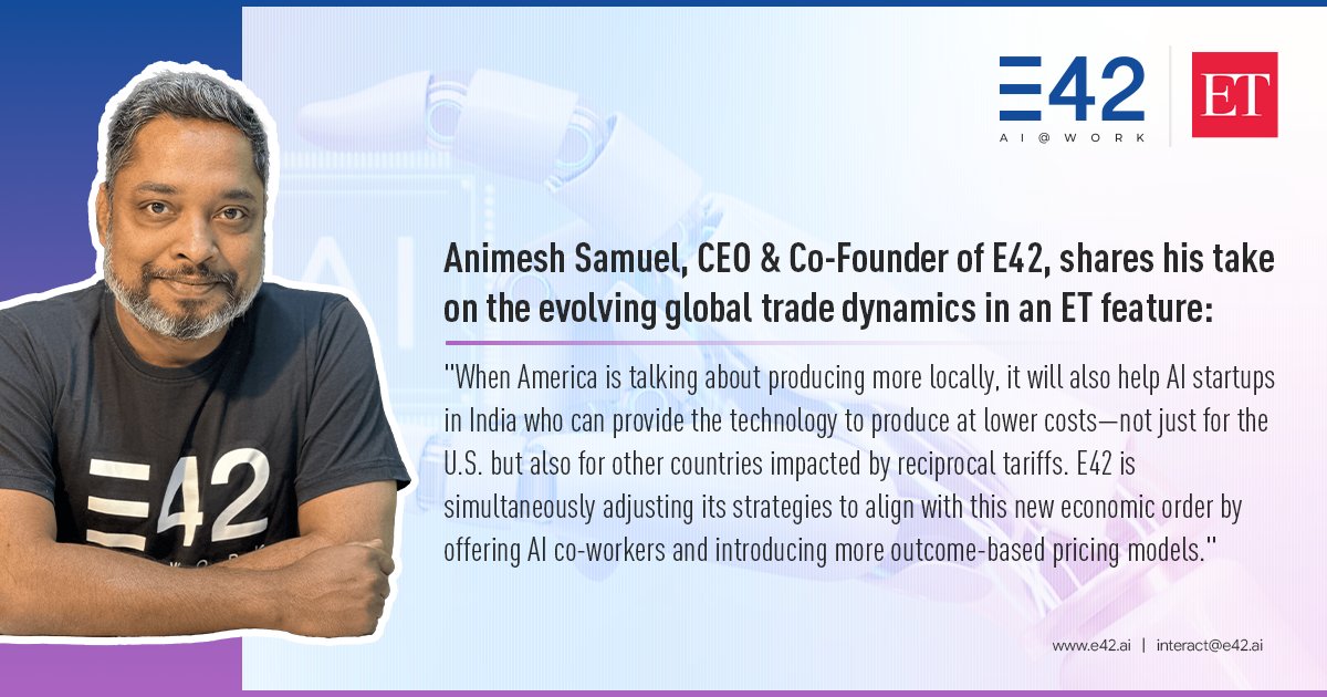 E42_ai's tweet photo. As global trade priorities shift, Indian #AI Startups are stepping up. In @EconomicTimes , #E42 CEO @animeshsamuel shares how a fleet of #AICoWorkers and outcome-based pricing is helping enterprises adapt.

Read more: https://t.co/PywuvZw6Xx

#thoughtleadership #startups https://t.co/cH2qx0sTxb