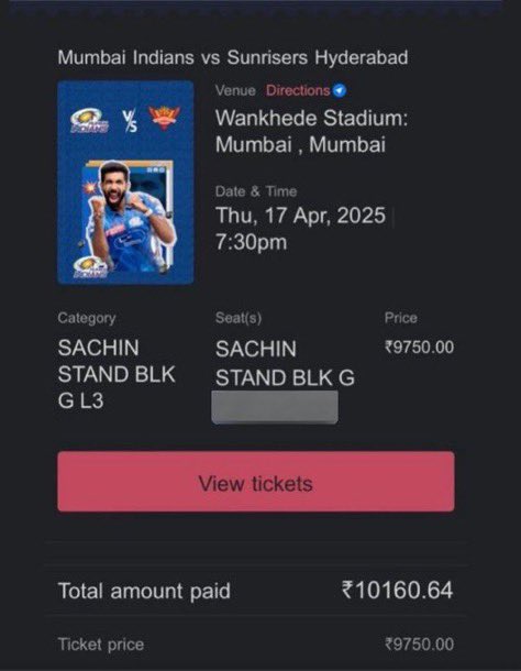 #MIvsSRH  MATCH ON 17th APRIL

LAST 6 TICKETS AVAILABLE FOR SALE

“SACHIN TEN. and VIJAY MERCHANT PAV “

100% GENUINE TICKETS

Dm on whatsapp - 9216810418 to BUY****

#MIvsSRH #Ipltickets #mitickets #SRHTICKETS #srhtickets #IPL2025 #mumbailndians  #RohitSharma