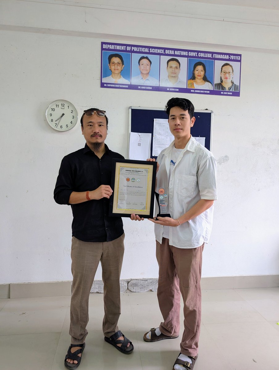 This morning, our convenor handed over the Best Debater Award and Citation to Mr. Doli Ori, a BA Political Science student of Dera Natung Government College, in their department. 

He missed the valedictory due to exams.