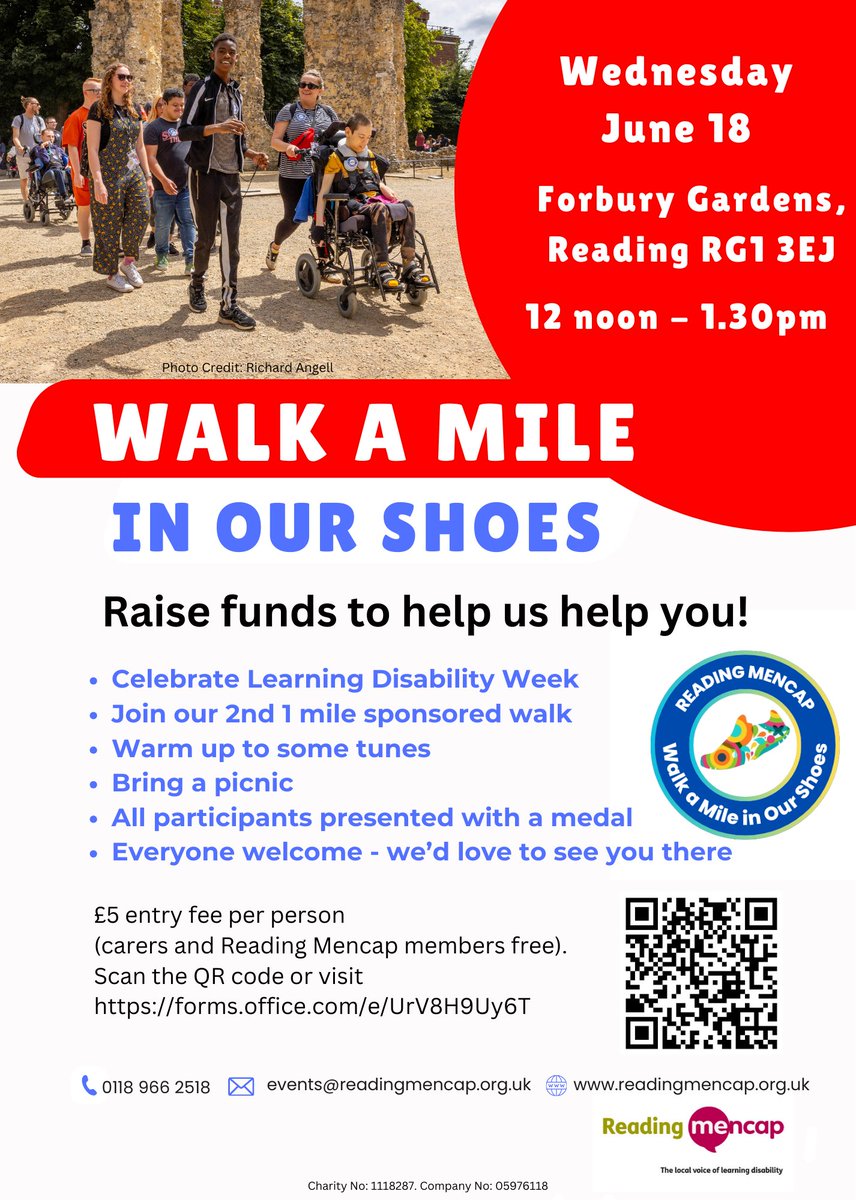 Walk a Mile in Our Shoes is back for 2025! Join us for our 2nd 1-mile walk in Forbury Gardens, Reading on Weds 18 June from 12 noon. Everyone welcome. £5 entry fee (free for carers &amp; Reading Mencap members) sign up now at forms.office.com/e/UrV8H9Uy6T See you there!