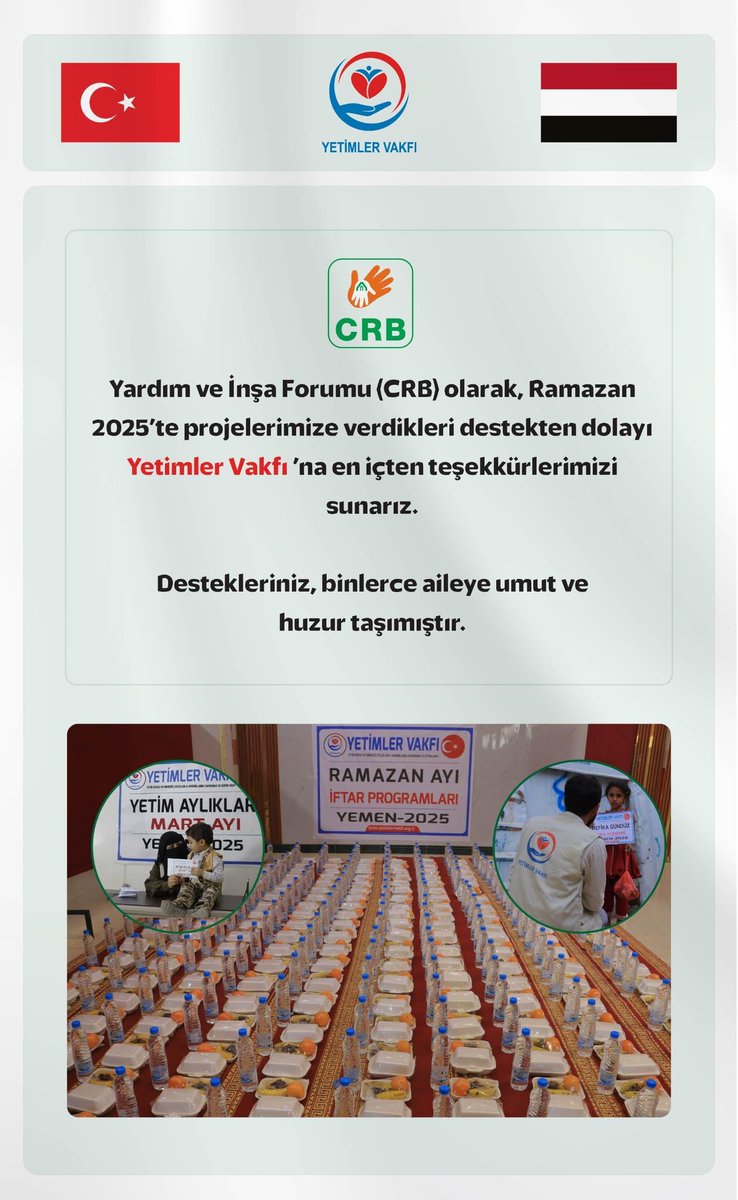 Ramazan ayında Yemen’deki projelerimizle verdiğimiz destek dolayısıyla, Yardım ve İnşa Forumu’ndan (CRB) aldığımız nazik teşekkür mesajı bizleri onurlandırdı.

Yemen’de binlerce aileye umut ve huzur ulaştırabildiysek, bu dayanışmanın gücü sayesindedir. ❤️💙