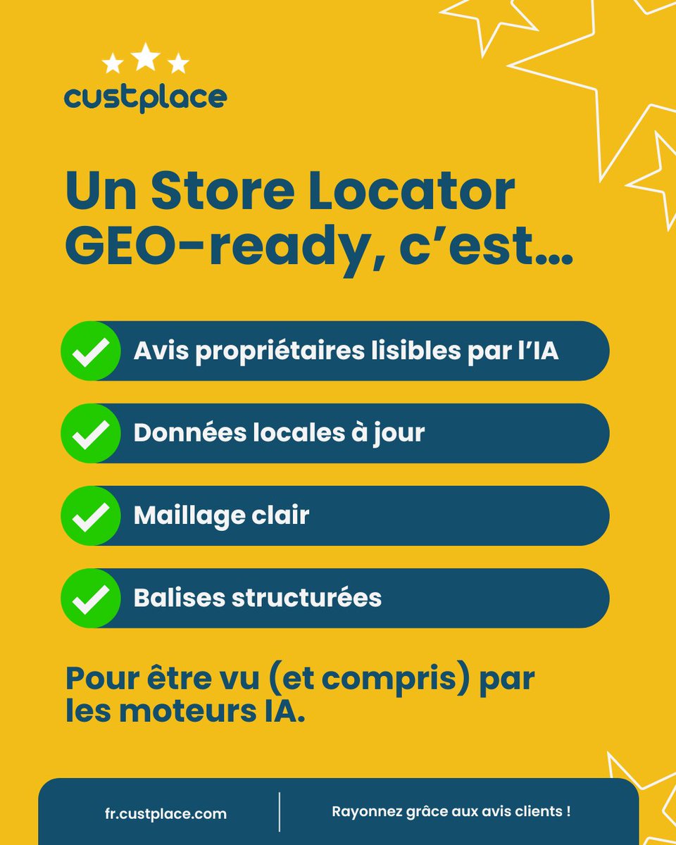 custplace's tweet image. Votre Store Locator est-il vraiment GEO-ready ? 👀

Spoiler : une simple carte ne suffit plus.

✔️Avis lisibles par l’IA
✔️Données locales à jour
✔️Maillage clair
✔️Balises structurées

Bref, une structure pensée pour être vue… et comprise.

#StoreLocator #GEO #AI #AvisClients