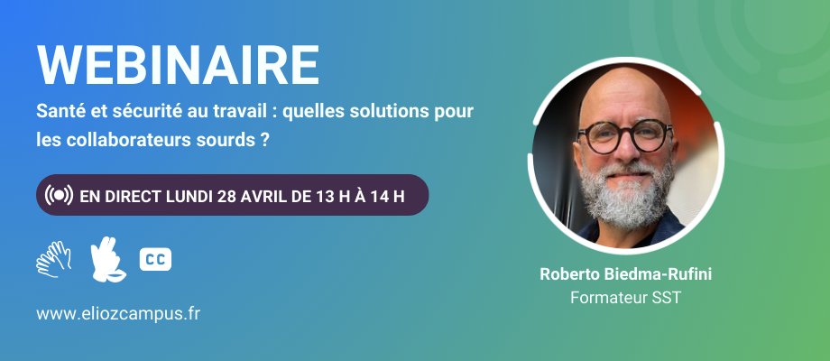 Et si un collègue sourd était victime d’un accident au travail ? Agissez pour une sécurité accessible ! 🚨

🚀 Participez à notre webinaire inédit avec Roberto, formateur SST

💬 100 % accessible : LSF, TTRP, LfPC, voix (merci <a href="/EliozServices/">Elioz</a>)

👉 bit.ly/3XZpa5I