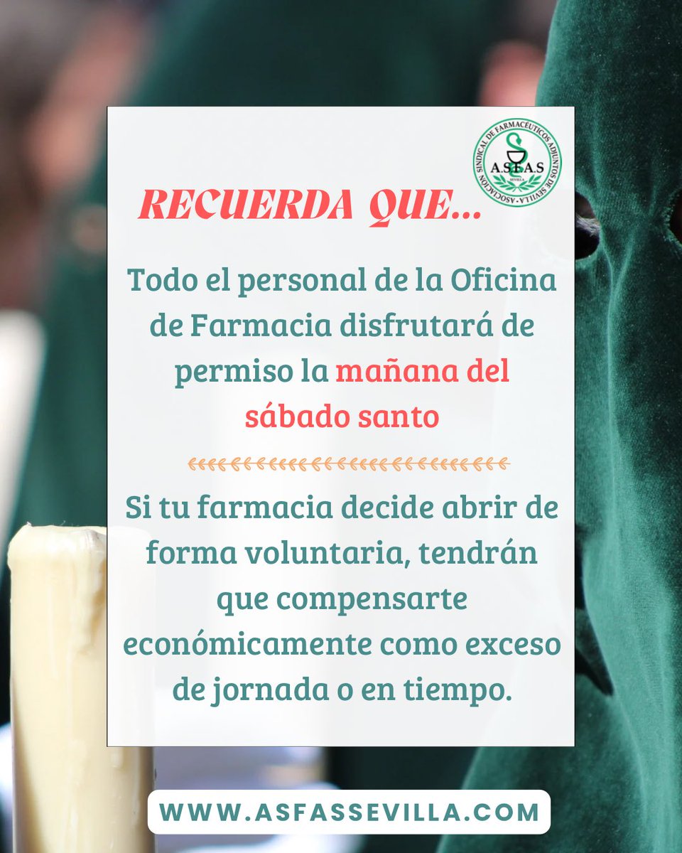 ASFAS__'s tweet photo. Recuerda que el sábado santo es no laborable para los empleados de la oficina de farmacia según el artículo 27 de nuestro convenio https://t.co/aTrVh6dw1S