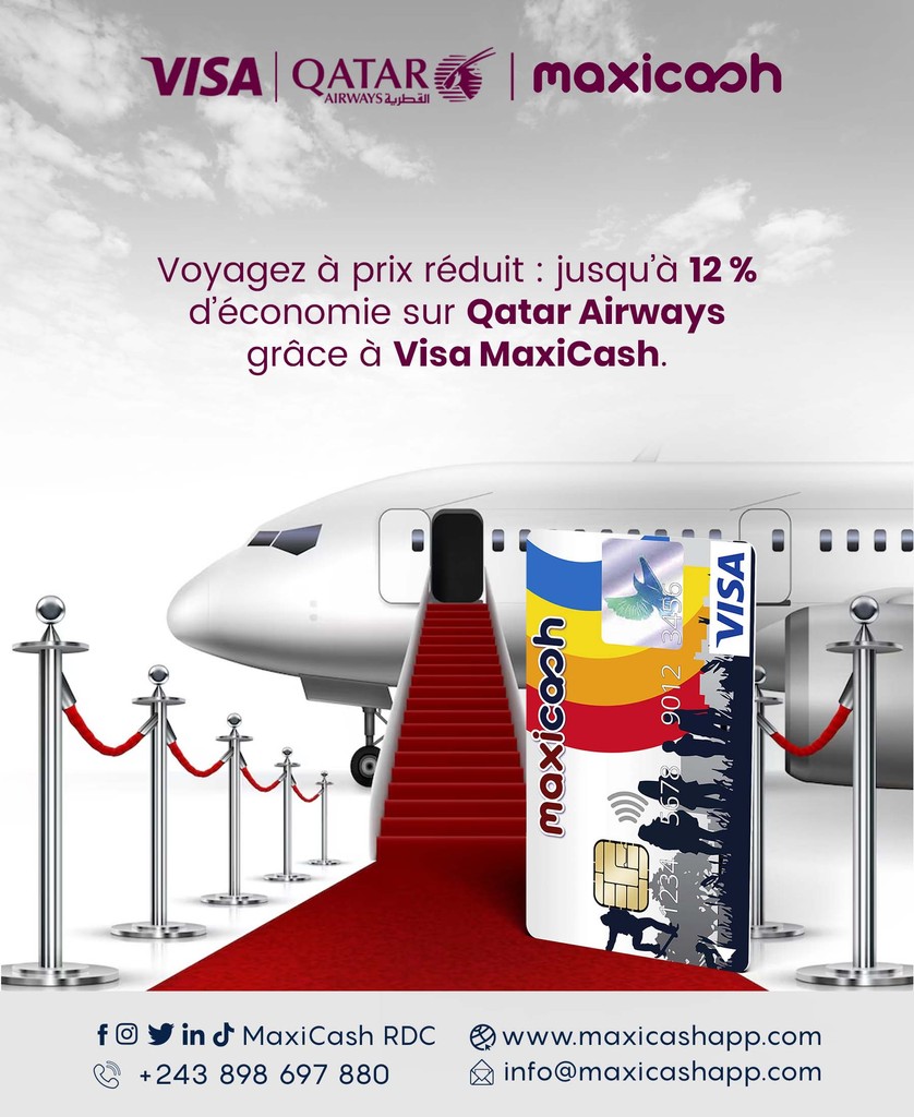 Avec Visa MaxiCash, économisez jusqu’à 12 % sur tous vos vols Qatar Airways. Réservez dès maintenant sur ce lien : qatarairways.com/.../offers/cug… Utilisez le code promo : VISA

Plus d'infos : +243 898 697 880

#VisaMaxiCash #QatarAirways #MaxiCashRDC #CartePrépayée #PromoVoyage