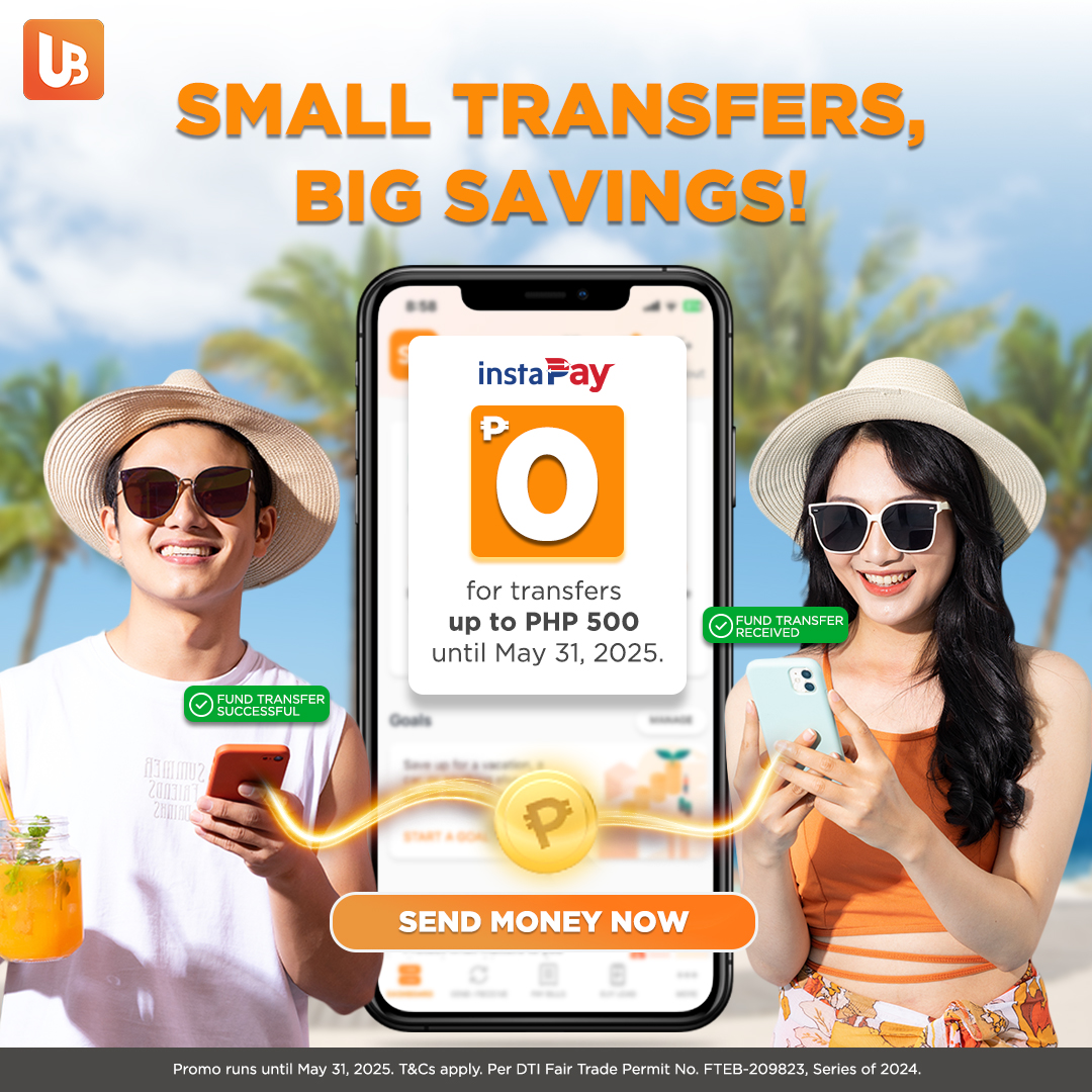 Small transfers. Big Savings. Enjoy ZERO FEES for InstaPay Send Transactions up to P500!

Visit unionbankph.com/unionbankonline to learn more about UnionBank Online.

Union Bank of the Philippines is regulated by the Bangko Sentral ng Pilipinas (bsp.gov.ph).
Deposits are