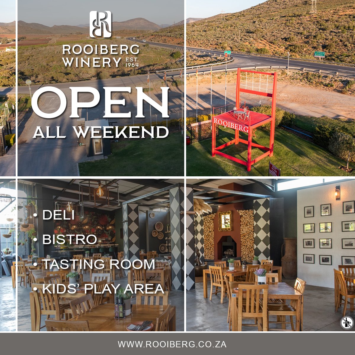 📍 We're open all weekend! Join us at Rooiberg Winery &amp; Red Chair Bistro for amazing wine, tasty food, and warm hospitality. 🍷🍴 Whether it's wine tasting or a delicious bite, we can't wait to see you! #RooibergWinery #RedChairBistro #WineAndDine #OpenAllWeekend #CountryGetaway