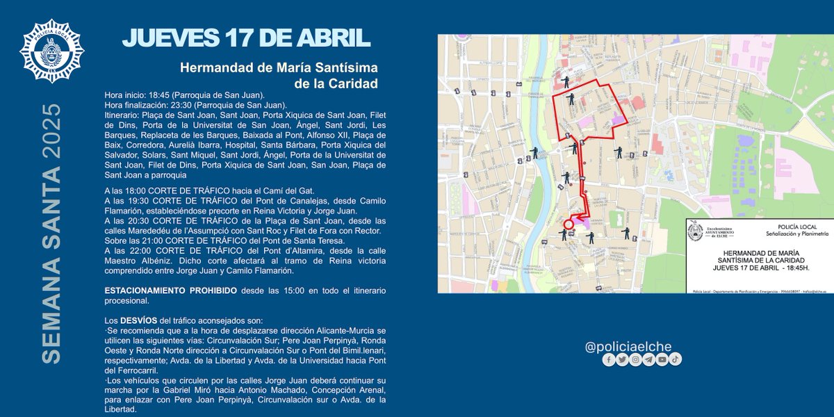 #SemanaSantaElche2025
📆 Jueves 17
📍“Fervorosa Hermandad de la Flagelación y Gloria, Procesión de la Paz, Santísimo Cristo de la Fe y María Santísima de la Esperanza”.
📍“Hª de María Santísima de la Caridad”
[3/3]

Recorridos y tiempos de paso (programa): bit.ly/SEMSanta2025