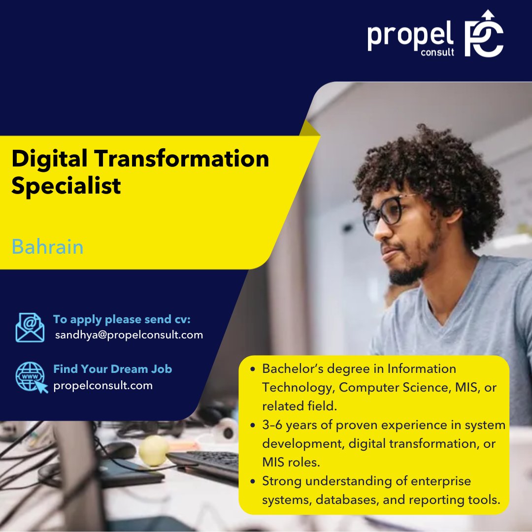 PropelConsult's tweet photo. Job Opening: Digital Transformation Specialist in Bahrain.

If you're interested in this opportunity, please send your updated resume to sandhya@propelconsult.com

#jobs #hiring #bahrain #bahrainjobs #propel #propeljobs https://t.co/quq3tKd935
