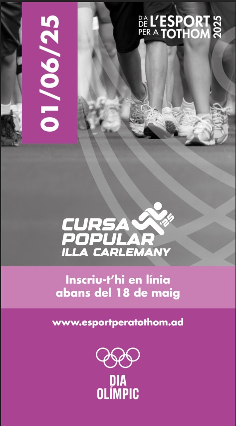 SOCIAL · El pròxim 1 de juny és la Cursa Popular <a href="/illacarlemany/">Illa Carlemany</a> <a href="/Esports_Govern/">Esports_Govern</a> <a href="/GovernAndorra/">Govern d'Andorra</a> 

Us hi esperem a totes i tots❗️

#esportperatothom

INSCRIPCIONS ➡️ esportperatothom.ad