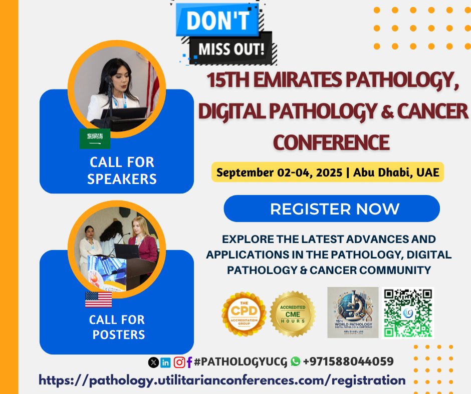 Gaur Priya (@epucgcongress) on Twitter photo Call for Speakers & Poster Presenters
15th World Pathology, Digital Pathology & Cancer Conference from Se 2–4, 2025 in Abu Dhabi, UAE
pathology.utilitarianconferences.com/registration
wa.me/+971588044059
#Pathology #MedicalPathology #AnatomicPathology #Cancer #CancerAwareness #CancerResearch #Breast Call for Speakers & Poster Presenters
15th World Pathology, Digital Pathology & Cancer Conference from Se 2–4, 2025 in Abu Dhabi, UAE
pathology.utilitarianconferences.com/registration
wa.me/+971588044059
#Pathology #MedicalPathology #AnatomicPathology #Cancer #CancerAwareness #CancerResearch #Breast