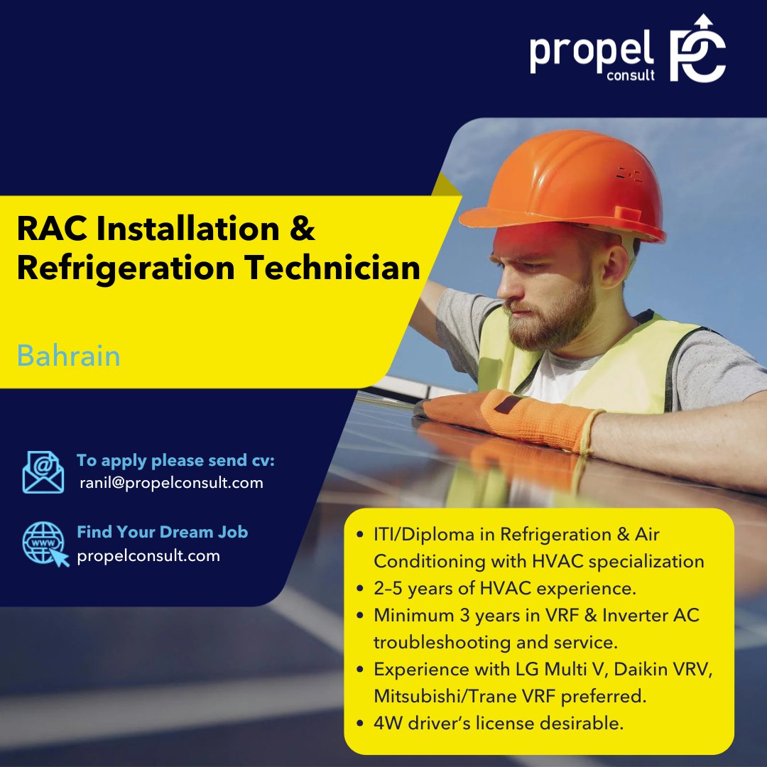 PropelConsult's tweet photo. Job Opening: RAC Installation &amp; Refrigeration Technician in Bahrain.

If you're interested in this opportunity, please send your updated resume to ranil@propelconsult.com

#jobs #hiring #bahrain #bahrainjobs #propel #propeljobs https://t.co/zF4tufv5wT