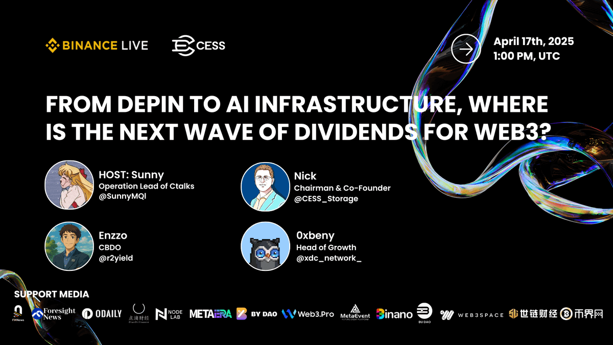 CESS Network (@cess_storage) on Twitter photo 📢 AMA Alert on Binance Live! 🚀
Where is Web3 headed next—from DePIN to AI infrastructure? Let’s find out together! Join <a href="/CESS_Storage/">CESS Network</a>, <a href="/XDC_Network_/">XDC Network</a>, and <a href="/r2yield/">R2 Community</a> for a deep dive into the next wave of trends in Web3.
🗓️ April 17 | 1PM (UTC)
📍 Watch live on Binance: 📢 AMA Alert on Binance Live! 🚀
Where is Web3 headed next—from DePIN to AI infrastructure? Let’s find out together! Join <a href="/CESS_Storage/">CESS Network</a>, <a href="/XDC_Network_/">XDC Network</a>, and <a href="/r2yield/">R2 Community</a> for a deep dive into the next wave of trends in Web3.
🗓️ April 17 | 1PM (UTC)
📍 Watch live on Binance: