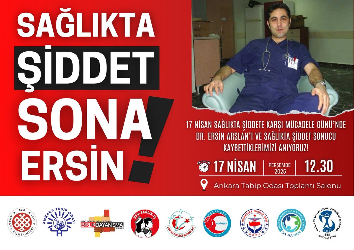 Sağlıkta şiddet,
Şehitler vermemize rağmen durmadı.
Önlem alınmadı, sesimiz duyulmadı.
Başka can kayıplarına tahammülümüz kalmadı.
Şehit Dr Ersin Arslan'ı yarın anacak, başka şehitler vermemek için <a href="/saglikbakanligi/">T.C. Sağlık Bakanlığı</a> göreve davet edeceğiz.
#Beyazkod1111