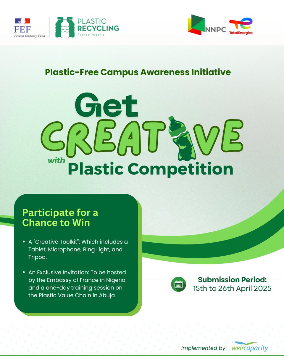 CampusFranceNg's tweet photo. 🔊“Get Creative with Plastic Competition”: Call for Entries! 🌿 

⚫ How to Participate:
👉Competition Guidelines: Click https://t.co/KRsMF33j0a

👉Submission Form: Click https://t.co/OGPkeQjeAg

Submission Deadline📅 : 25th April 2025

#PlasticFreeCampus #GetCreativeWithPlastic https://t.co/IHqAz3vYZL