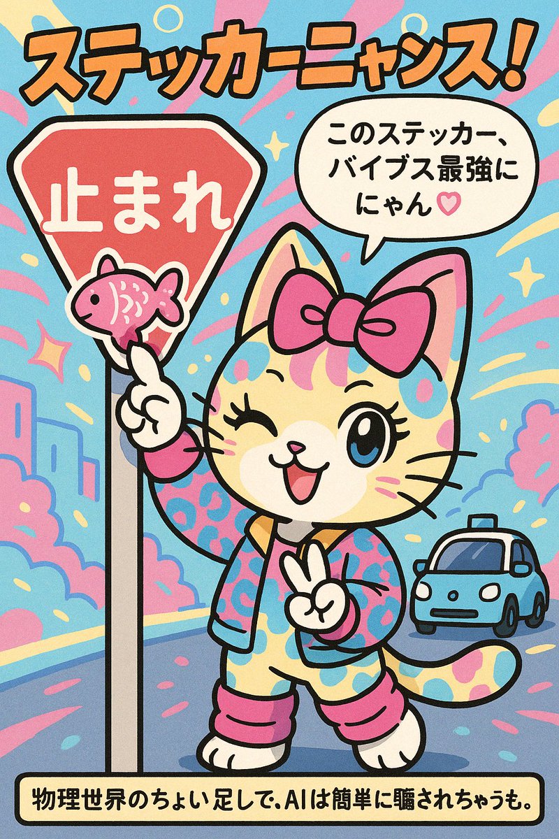 imp_AI_Sec_Lab's tweet photo. 🚗💥「止まれ」が「制限速度80km」⁉️
ステッカー1枚で、AIの目はかんたんにダマされちゃう…!?
【猫と学ぶAIセキュリティ】「物理世界でAIを騙す」実験!
このバイブス最強ステッカー、実は…
#AIセキュリティ #物理ハッキング #AdversarialExamples #ゆるふわ漫画 https://t.co/xkHKEADLDU