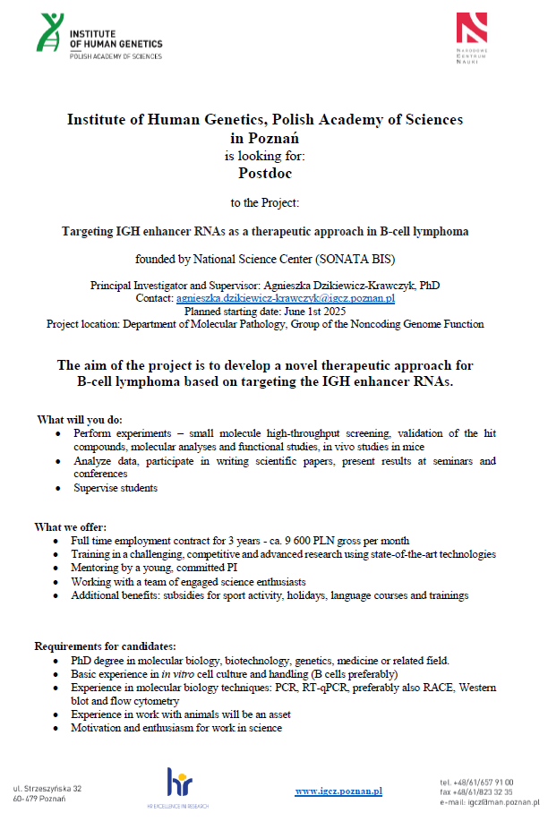 Agnieszka Dzikiewicz-Krawczyk (@agdzikiewicz) on Twitter photo 📢We're hiring! If you want to build your career in research and do science that makes impact, apply for a postdoc position with us 🧬🔬🧑🔬
Contact: agnieszka.dzikiewicz-krawczyk@igcz.poznan.pl
Details tinyurl.com/bdde2num
Please RT 🙏
<a href="/NCN_PL/">Narodowe Centrum Nauki</a>
#ncntotlen
<a href="/igcpan/">Instytut Genetyki Człowieka PAN</a> 📢We're hiring! If you want to build your career in research and do science that makes impact, apply for a postdoc position with us 🧬🔬🧑🔬
Contact: agnieszka.dzikiewicz-krawczyk@igcz.poznan.pl
Details tinyurl.com/bdde2num
Please RT 🙏
<a href="/NCN_PL/">Narodowe Centrum Nauki</a>
#ncntotlen
<a href="/igcpan/">Instytut Genetyki Człowieka PAN</a>