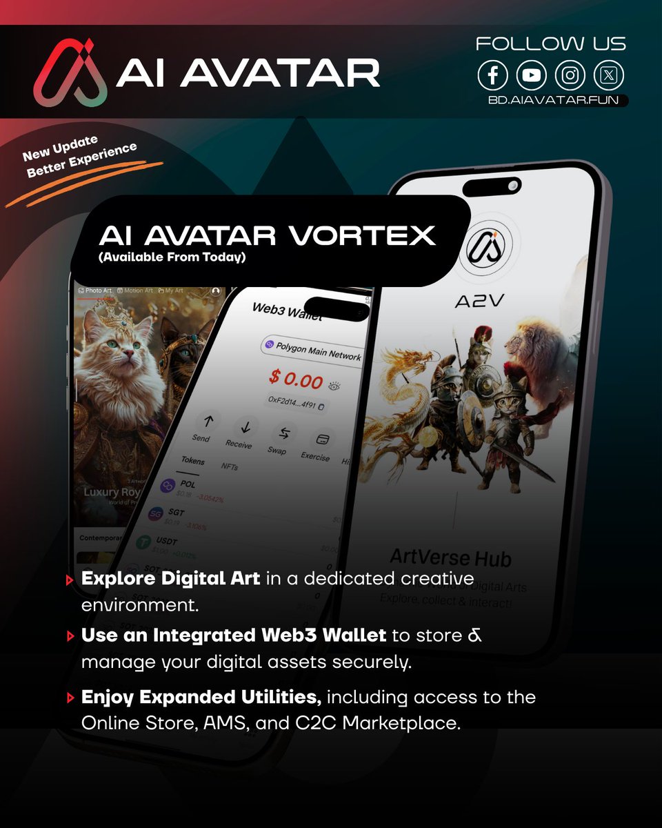 aiavatarbdltd's tweet image. AI Avatar Vortex just leveled up! ⚡
Smarter, smoother &amp;amp; more YOU 💡
✨ Chat with AI Companions: Celebrity, Partner, Warrior
🛍️ Smart shopping &amp;amp; C2C marketplace
🎨 Create digital art
🔐 Secure it all with Web3 wallet
#AIAvatarBD #SmartAI #FutureIsNow #BangladeshTech