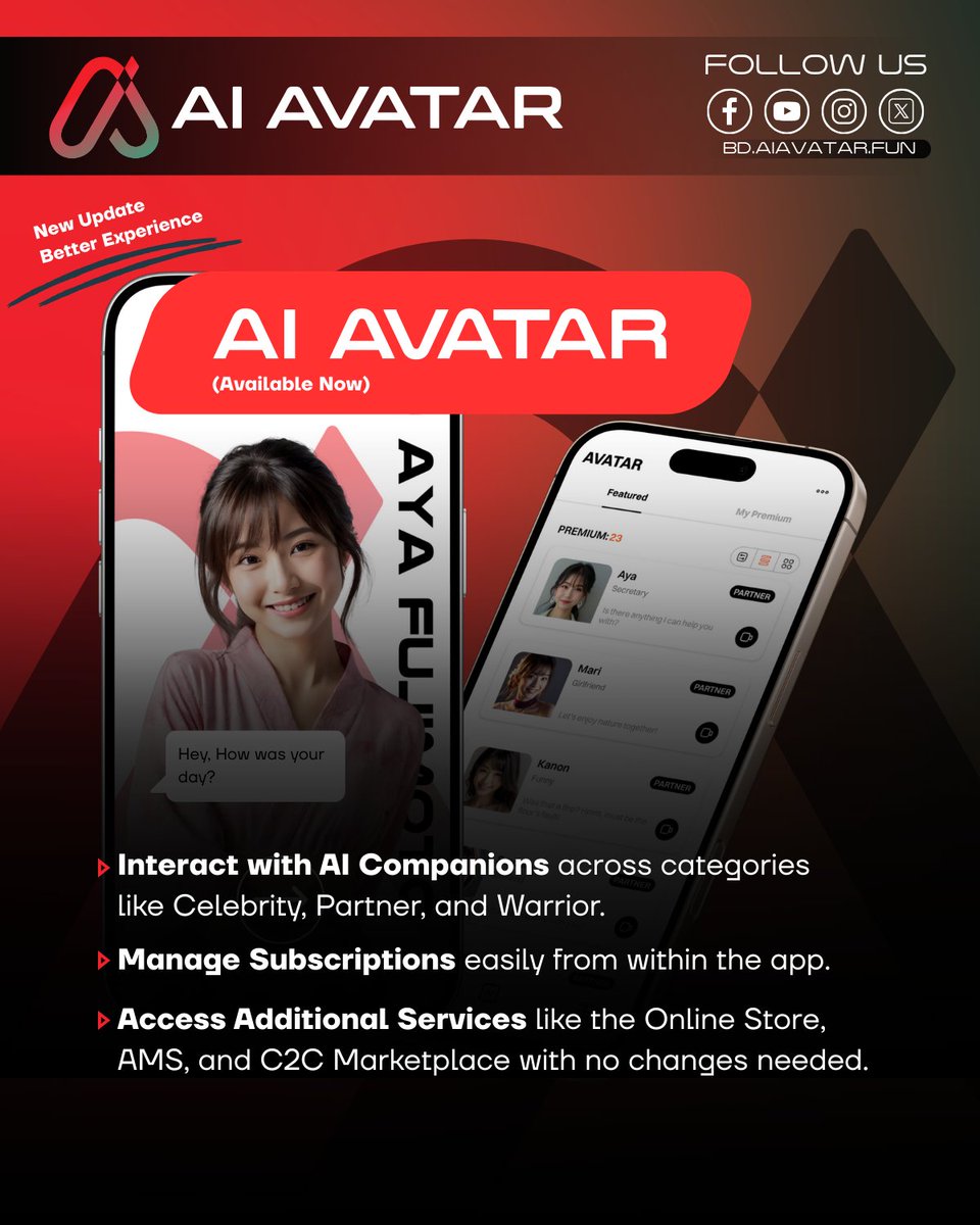 aiavatarbdltd's tweet image. AI Avatar Vortex just leveled up! ⚡
Smarter, smoother &amp;amp; more YOU 💡
✨ Chat with AI Companions: Celebrity, Partner, Warrior
🛍️ Smart shopping &amp;amp; C2C marketplace
🎨 Create digital art
🔐 Secure it all with Web3 wallet
#AIAvatarBD #SmartAI #FutureIsNow #BangladeshTech