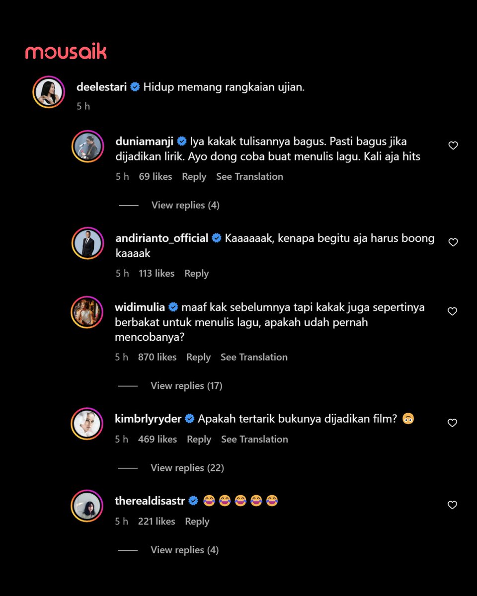 Malaikat pun juga tau dek, siapa itu Dee Lestari ... 😂

Eh bentar, jangan-jangan kalian juga gak tau karyanya Dee Lestari?? Coba sebutin deh salah satunya! 🤔

#MOUSAIK #musikindonesia