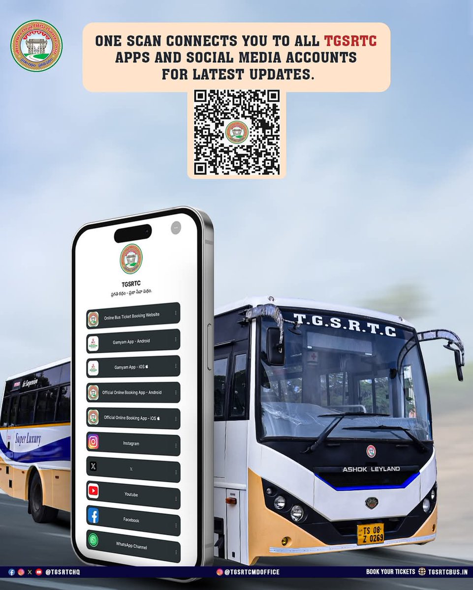 DM_HZBD_tgsrtc's tweet photo. From Ticket Booking to Real-Time Bus Tracking 📲
Scan the QR code now to access all #TGSRTC apps and stay updated through our official social media handles.

#Telangana  #TakingTelanganaForward
#tgsrtc 
#dmhzbd 
#huzurabad_depot https://t.co/cal6rdJZXS