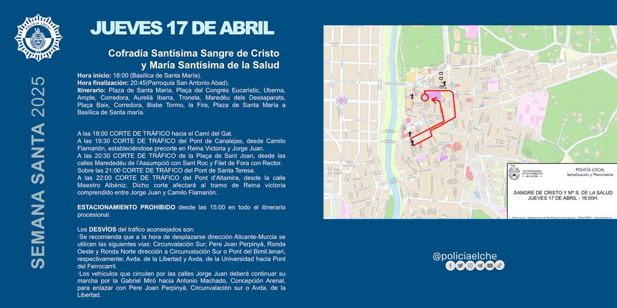 #SemanaSantaElche2025
📆 Jueves 17
📍“Cofradía Santísimo Cristo de la Misericordia (Procesión del Silencio)”
📍“Cofradía Santísima Sangre de Cristo y María Santísima de la Salud”
[1/3]

Recorridos y tiempos estimados de paso (programa): bit.ly/SEMSanta2025