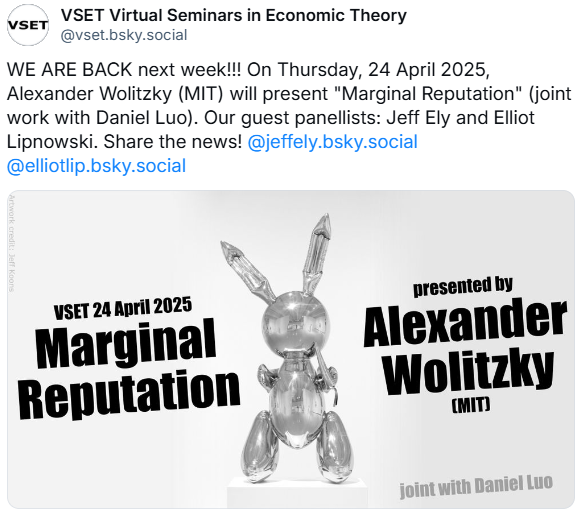 VSET Virtual Seminars in Economic Theory (@vset_contact) on Twitter photo <a href="/danielluo_pi/">daniel (michelle steel hate account)</a> <a href="/Jeffely/">Jeffrey Ely</a> <a href="/ElliotLip/">Elliot Lipnowski</a> <a href="/danielluo_pi/">daniel (michelle steel hate account)</a> <a href="/Jeffely/">Jeffrey Ely</a> <a href="/ElliotLip/">Elliot Lipnowski</a>