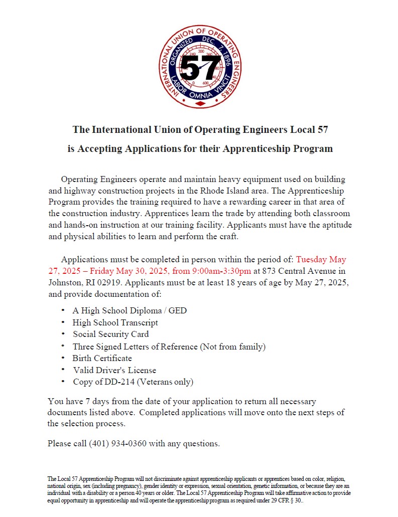 Interested in an exceptionally rewarding career?  The IUOE Local 57 Apprenticeship &amp; Skill Improvement Program will be accepting applications for this year’s apprentice class #iuoe #iuoelocal57