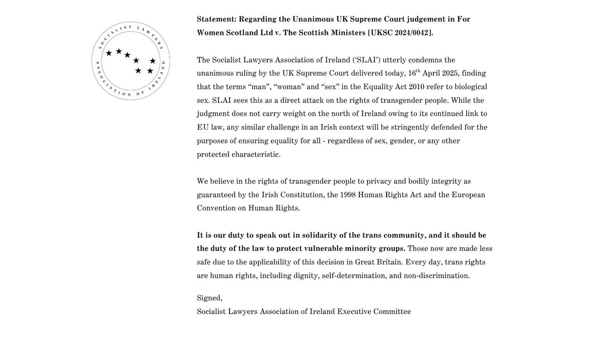 Our statement regarding the UK Supreme Court decision that was published this morning. Trans rights are human rights and they should be afforded strong protections.