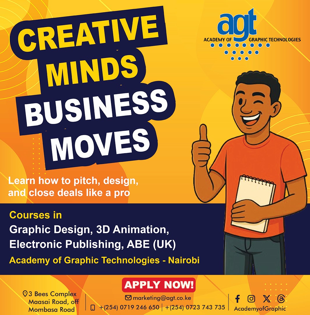 AcademyGraphic's tweet photo. CREATIVE MINDS, BUSINESS MOVES!
At the Academy of Graphic Technologies we don't just teach you how to design; we show you how to pitch, package and profit from your passion!

#GraphicDesign #3DAnimation #CreativeCareers #DesignSchool #AGTNairobi #BusinessOfDesign #ApplyNow https://t.co/uufcIgkrbR
