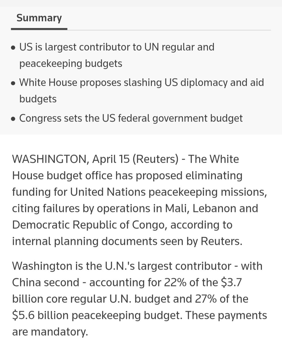 #NEWS: The White House budget office has proposed eliminating funding for United Nations peacekeeping missions, citing failures by operations in Mali, Lebanon and Democratic Republic of Congo. <a href="/Abbey_K1/">Abbey K</a> <a href="/Destexhe/">Alain Destexhe</a>
#Reuters