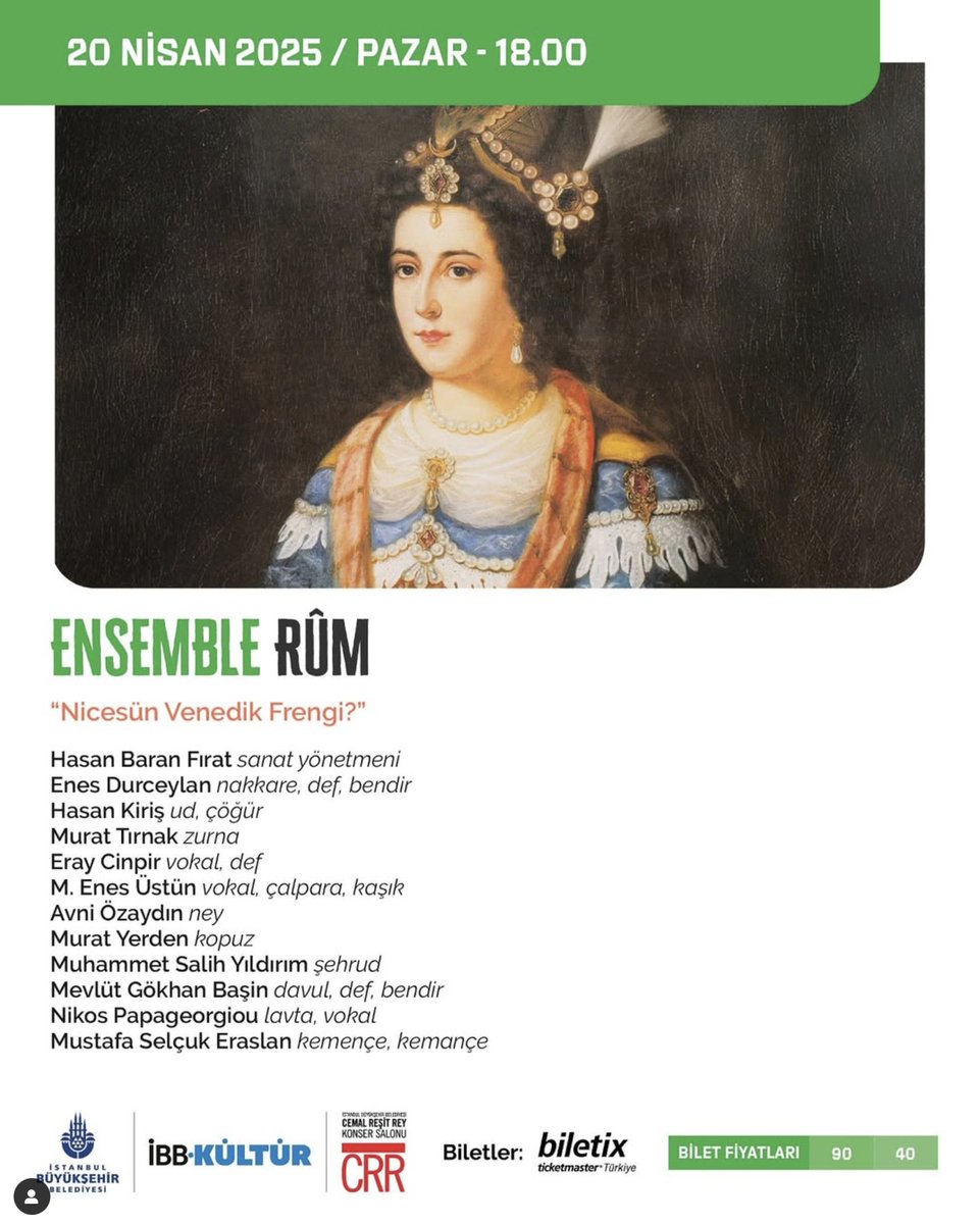 20 Nisan Pazar günü saat 18:00’de “Nicesün Venedik Frengi” repertuvarımızla Cemal Reşit Rey Konser Salonu’nda olacağız. Tüm dinleyenlerimizi bu müzik ve tarih dolu geceye davet ediyoruz.
Biletler için: biletix.com/etkinlik/4CRBJ…

<a href="/CRRKonserSalonu/">CRR Konser Salonu</a>
<a href="/ibb_kultur/">İBB Kültür</a>