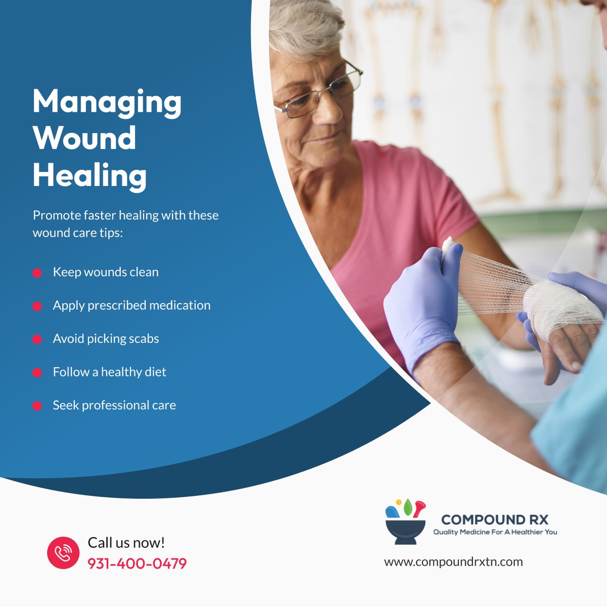 CompoundRx24's tweet image. Healing takes time, but proper wound care speeds recovery! Follow these steps for optimal healing and prevention. 

#CookevilleTN #CompoundingPharmacy #WoundCare