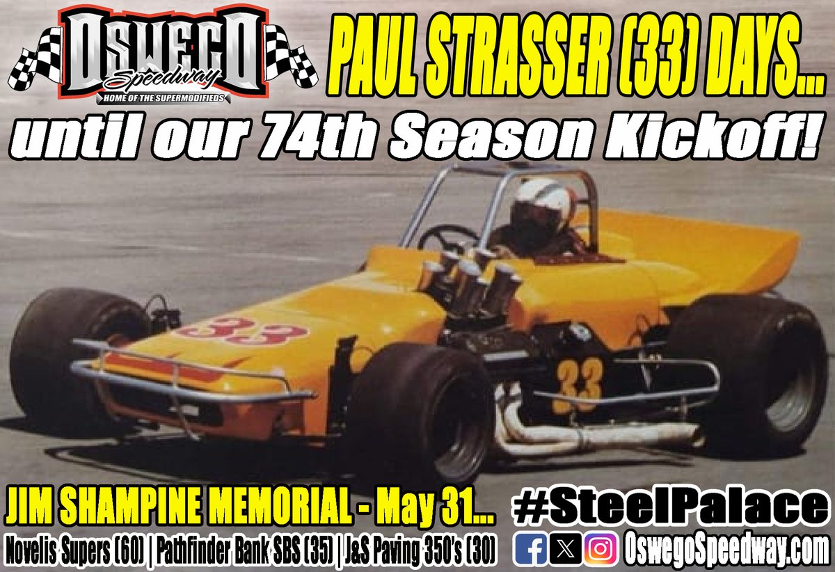 Oswego Speedway (@oswegospeedway) on Twitter photo Paul Strasser (33) days until our 74th Season Kickoff headlined by the 60-lap Jim Shampine Memorial for <a href="/Novelis/">Novelis Inc.</a> Supermodifieds on Saturday, May 31!
#SteelPalace | #Supermodifieds Paul Strasser (33) days until our 74th Season Kickoff headlined by the 60-lap Jim Shampine Memorial for <a href="/Novelis/">Novelis Inc.</a> Supermodifieds on Saturday, May 31!
#SteelPalace | #Supermodifieds